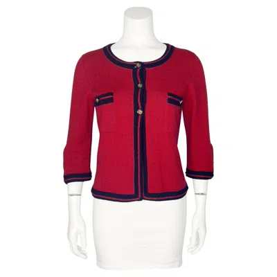 Pre-owned Chanel Cruise 2010  Red Cashmere Cropped Cardigan With Navy Blue Trim