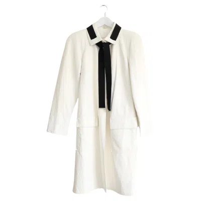 Pre-owned Chanel Cruise 2017 ‘cuba' Ribbon Neck Pearl Button Cream Lamb Leather Coat In White