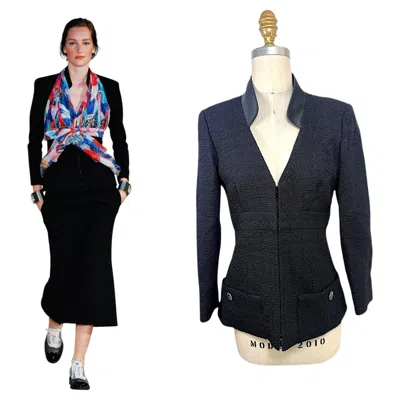 Pre-owned Chanel Cruise 2017 Runway Look 32 Black Tweed Zip Jacket With Satin Collar Fr34