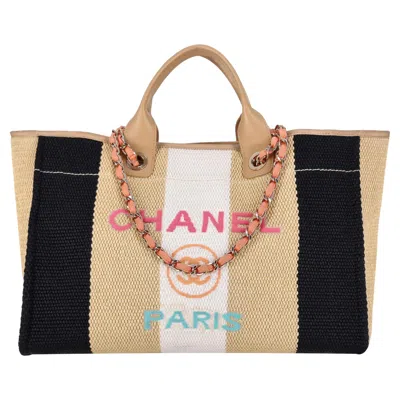 Pre-owned Chanel Cruise 2020 Ltd Edition Striped Raffia Deauville Large Tote Bag In Sand