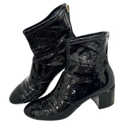 Pre-owned Chanel Cruise 2022 Black Patent Leather Ankle Boots Size 41