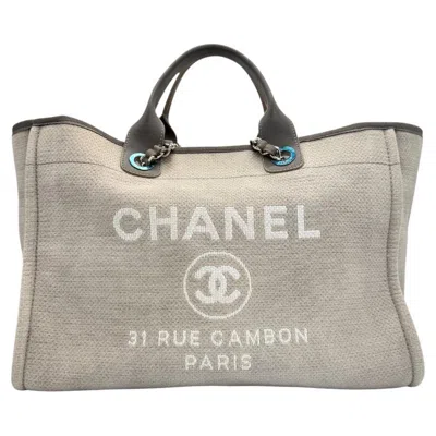Pre-owned Chanel Cruise 2022 Medium Grey Deauville Tote Bag With Silver Hardware In Gray