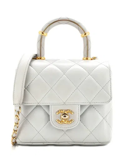 Pre-owned Chanel Crush Top Handle Flap Bag Quilted Lambskin Mini Crossbody Bag In Gray
