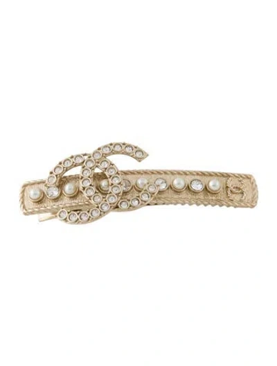 Pre-owned Chanel Crystal & Pearl Cc Hair Clip