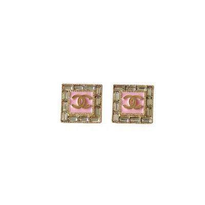 Pre-owned Chanel Crystal And Resin Cc Square Stud Earrings Pink Gold