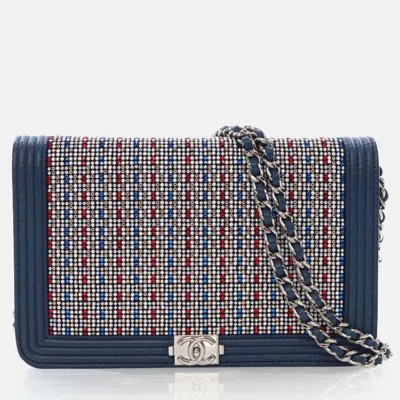 Pre-owned Chanel Crystal Boy Wallet On Chain (woc) In Blue
