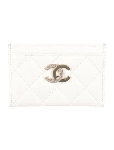 Pre-owned Chanel Crystal Cc Card Holder Interlocking Cc Logo Card Holder In White