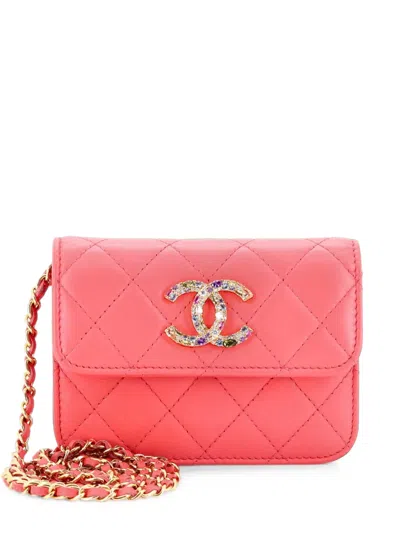 Pre-owned Chanel Crystal Cc Card Holder With Chain Quilted Lambskin Crossbody Bag In Pink