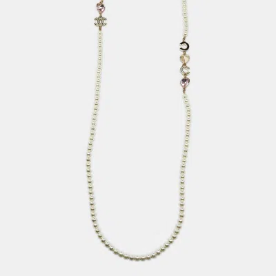 Pre-owned Chanel Crystal Cc Coco Heart Crystals Faux Pearl Gold Tone Long Necklace