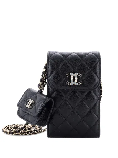 Pre-owned Chanel Crystal Cc Flap Phone Holder With Airpods Pro Case Quilted Caviar Crossbody Bag In Black