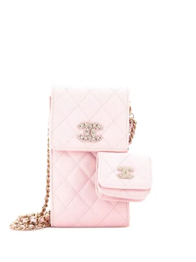 Pre-owned Chanel Crystal Cc Flap Phone Holder With Airpods Pro Case Quilted Caviar Crossbody Bag In Pink