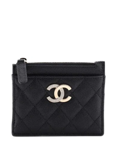 Pre-owned Chanel Crystal Cc Quilted Caviar Card Holder In Black