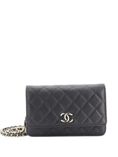 Pre-owned Chanel Crystal Cc Wallet On Chain Quilted Caviar Clutch Bag In Black