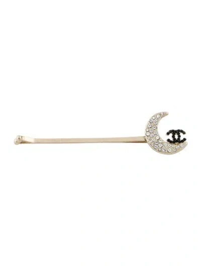 Pre-owned Chanel Crystal Crescent Moon Hair Clip In Gold