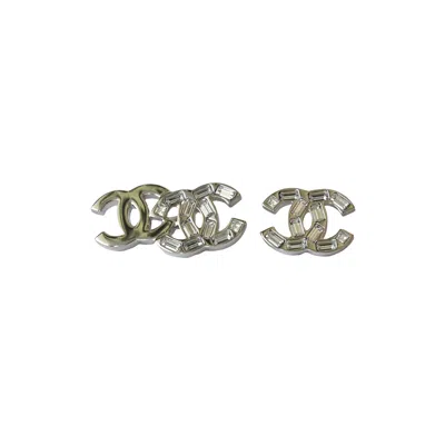 Pre-owned Chanel Crystal Double And Single Cc Mismatched Stud Earrings Palladium