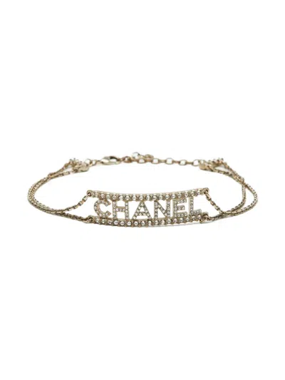 Pre-owned Chanel Crystal-embellished Logo Choker In Gold