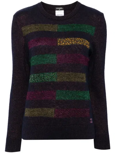 Pre-owned Chanel Crystal-embellished Striped Jumper In Blue