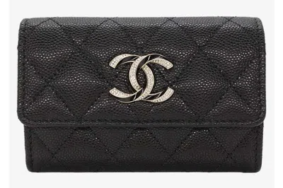 Pre-owned Chanel Crystal Enamel Cc Logo Flap Card Holder Black (ap3342)