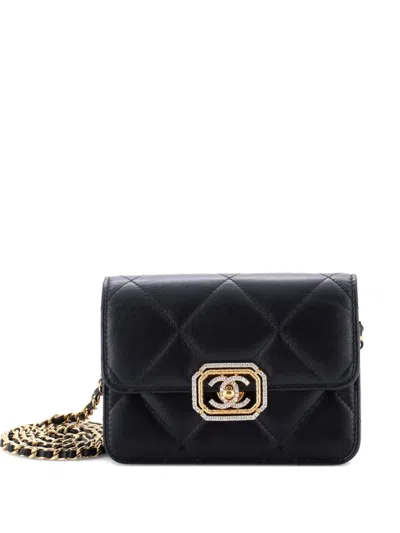 Pre-owned Chanel Crystal Geometric Frame Cc Clutch With Chain Quilted Calfskin Crossbody Bag In Black