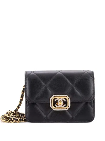 Pre-owned Chanel Crystal Geometric Frame Cc Clutch With Chain Quilted Calfskin Crossbody Bag In Black
