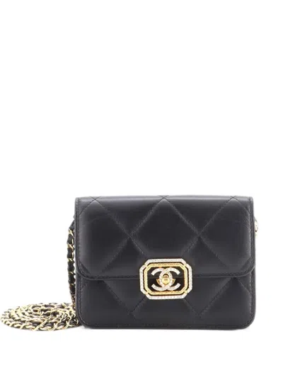 Pre-owned Chanel Crystal Geometric Frame Cc Clutch With Chain Quilted Calfskin Crossbody Bag In Black