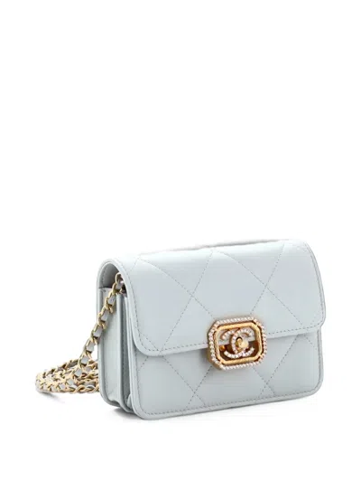 Pre-owned Chanel Crystal Geometric Frame Cc Clutch With Chain Quilted Calfskin Crossbody Bag In Grey