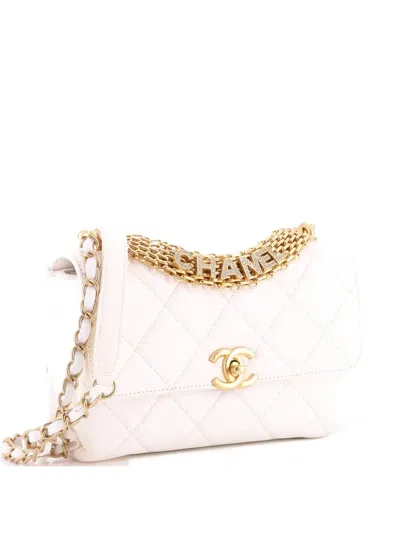 Pre-owned Chanel Crystal Logo Letters Chain Handle Flap Bag Quilted Lambskin Small Shoulder Bag In White