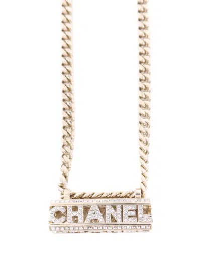 Pre-owned Chanel Crystal Logo Necklace In Gold