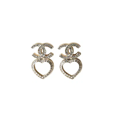 Pre-owned Chanel Crystal Strass Cc Heart Stud Earrings Light Gold