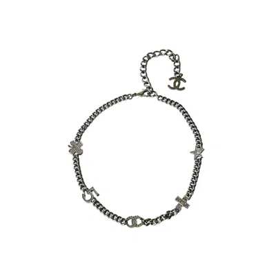 Pre-owned Chanel Crystal Strass Clover No.5 Cc Mark Cross Star Necklace Silver