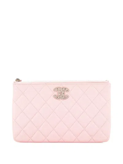 Pre-owned Chanel Crystal Woven Cc O Case Quilted Caviar Small Pouch In Pink