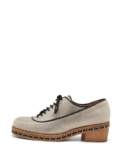 Pre-owned Chanel Crystal-embellished Chain-trim Oxford Shoes In Neutral