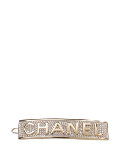 Pre-owned Chanel Crystal-embellished Logo Hair Clip In Gold