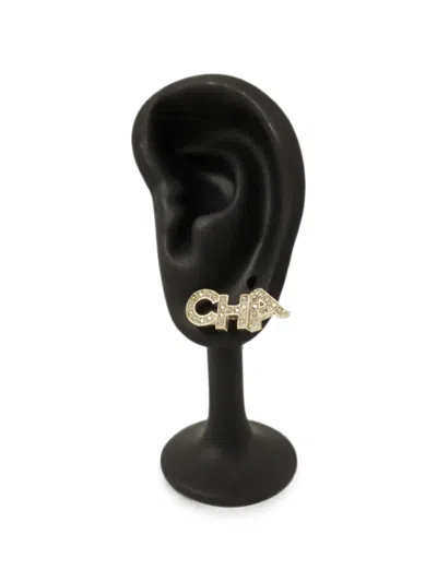 Pre-owned Chanel Crystal-embellished Logo-lettering Earrings In Gold