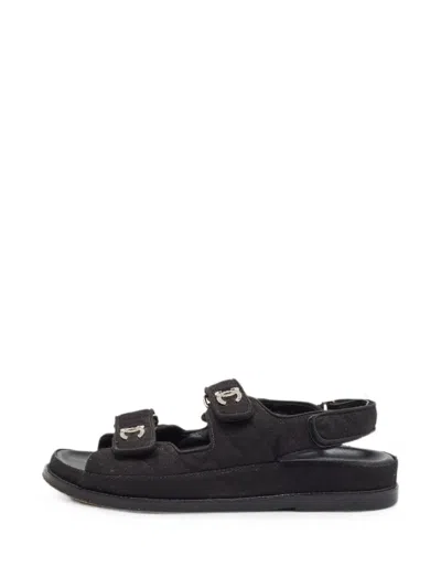 Pre-owned Chanel Crystal-embellished Quilted Sandals In Black