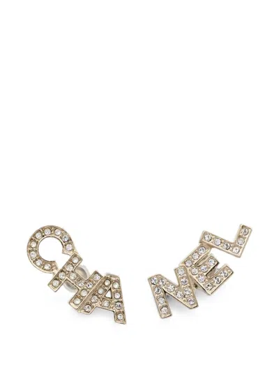Pre-owned Chanel Crystal-embellishment Logo Earrings In Gold