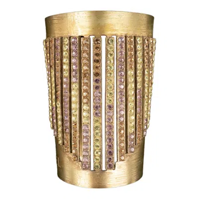 Pre-owned Chanel Cuff Bracelet In Golden Metal Sleeve Paved With Multicolored Rhinestones