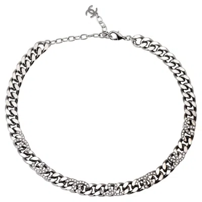 Pre-owned Chanel Curb Link Necklace C2022 17" Choker Blackened Metal Half Cc Crystal Logo In Multi