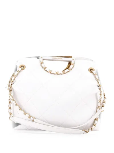 Pre-owned Chanel Cutout Woven Chain Handle Satchel Quilted Caviar Medium Shoulder Bag In White