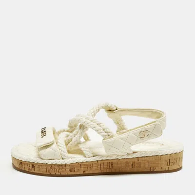 Pre-owned Chanel Dad Cc Size 39 Cream Quilted Leather And Rope Slingback Sandals In White