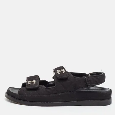 Pre-owned Chanel Dad Size 37 Black Denim Slingback Flat Sandals