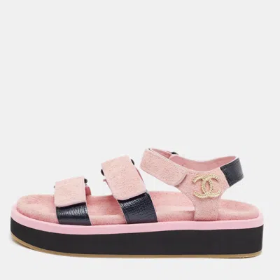 Pre-owned Chanel Dad Size 37 Pink/black Leather And Suede Slingback Sandals