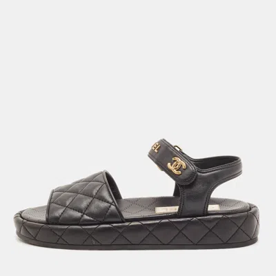 Pre-owned Chanel Dad Size 37.5 Black Quilted Leather Ankle Strap Sandals