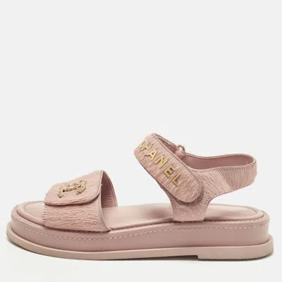 Pre-owned Chanel Dad Size 37.5 Pink Calf Hair Ankle Strap Flat Sandals