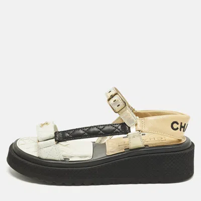 Pre-owned Chanel Dad Size 39 Grey/beige Leather Ankle Strap Sandals In Gray
