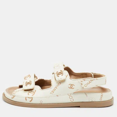 Pre-owned Chanel Dad Size 39.5 Off White/beige Leather Ankle Strap Sandals