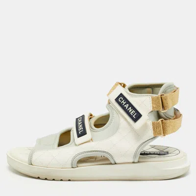 Pre-owned Chanel Dad Size 39.5 White/gery Fabric And Leather Slingback Sandals