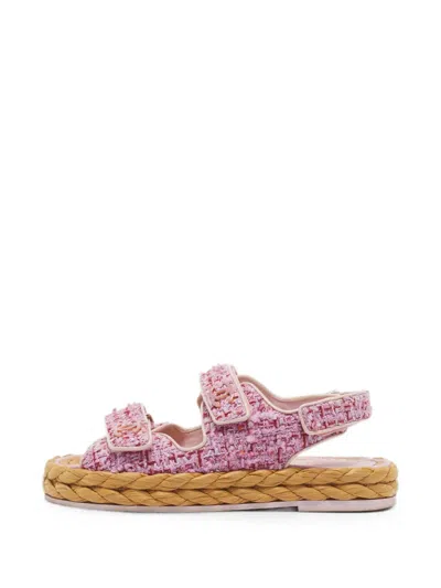 Pre-owned Chanel Dad Tweed Touch-strap Flat Sandals In Pink