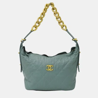 Pre-owned Chanel Daily Belted Chain Handle Hobo Small Green Quilted Calfskin Shoulder Bag