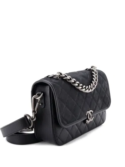 Pre-owned Chanel Daily Carry Messenger Bag Quilted Iridescent Calfskin And Caviar Medium Crossbody Bag In Black